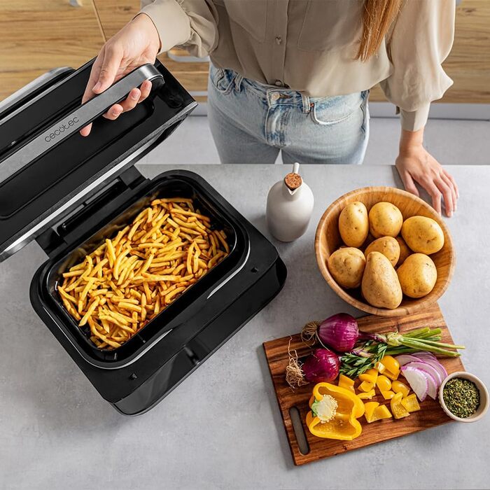 Cecotec Oil-Free Grill Air Fryer 6 L Cecofry FireDome 6000. Air Fryer. 2400 W, 6 cooking modes and 4 grilling levels, adjustable thermostat, including temperature sensor and 6-liter accessories.