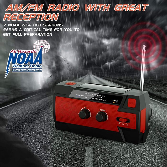 Сонячне радіо YIKANWEN: AM/FM, USB, ручне заряджання, 4000mAh, для кемпінгу та подорожей (червоне)