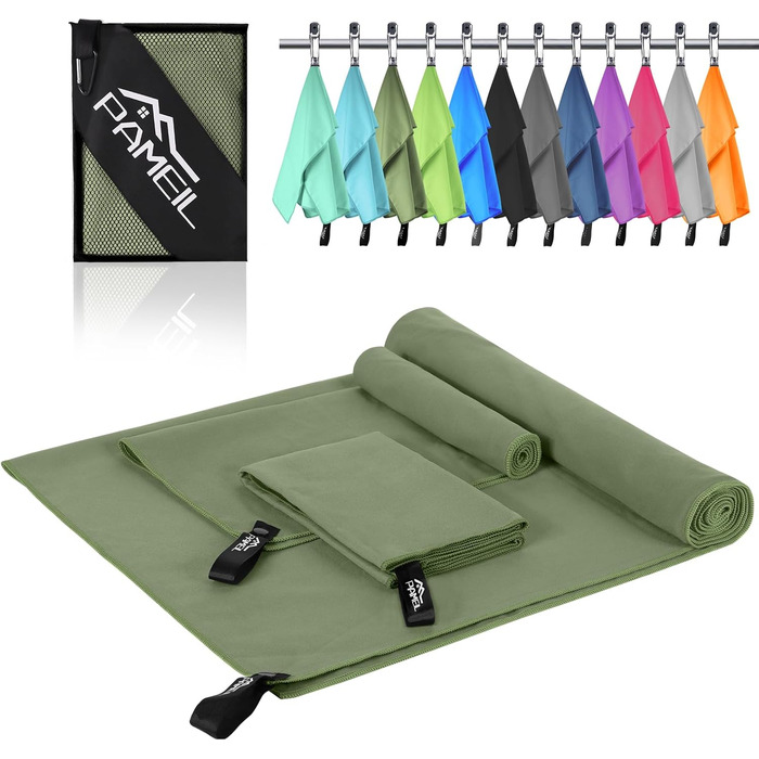 Набір рушників з мікрофібри Pameil (3 шт.): великий (160x80 см) + 2 маленькі (80x40 см), швидковисихаючі, для подорожей, спорту, сауни, армійного кольору