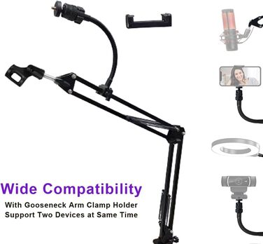 Кріплення для мікрофона на штативі (гусак) 2-в-1 з тримачем для веб-камери та телефону. Сумісний з Blue Yeti, HyperX QuadCast, Logitech C920, C930 та іншими.