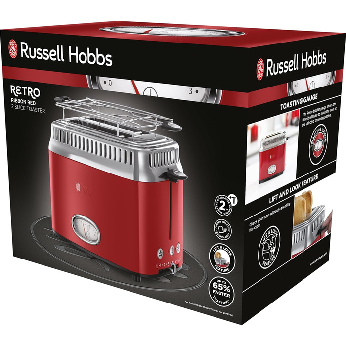 Russell Hobbs Toaster [for 2 slices] Retro Stainless Steel Red (Retro-style countdown display, includes bread roll attachment, 6 browning levels + defrost & reheat function, 1300W) Vintage 21680-56