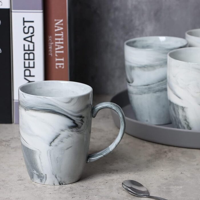 Smilatte Unique Coffee Cups, M067, Marble-Ceramic Cup for Home and Office, Microwave-Safe, Set of 4, Gray