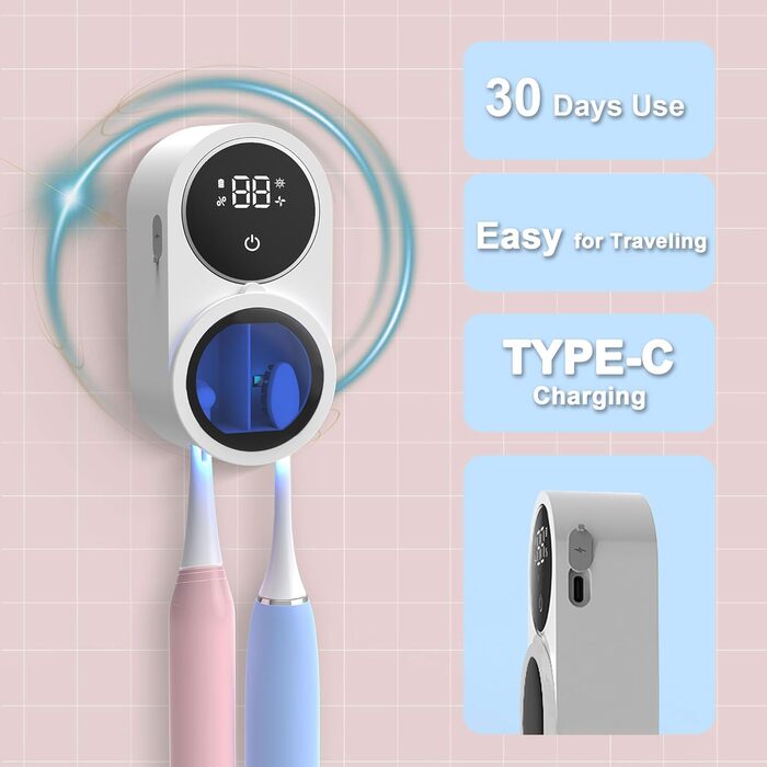 Biodzzs Wall-Mounted Toothbrush Holder and Cleaner, Intelligent Light Cleaning and Fan Drying, Automatic Rotating Cover, Toothbrush Case with Digital Display, Portable, Blue (01 White)