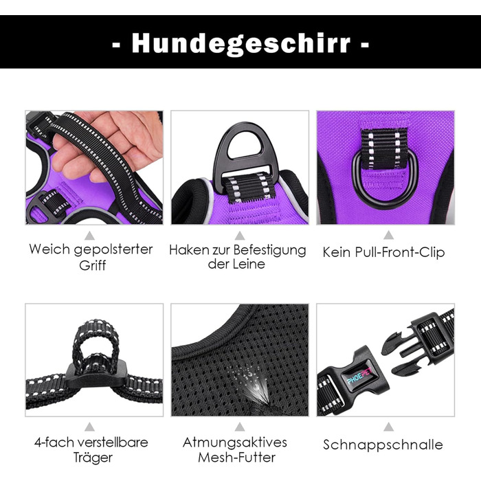 Шлейка для собак PHOEPET регульована, для прогулянок, з карабіном, світловідбиваючими смугами, ручкою, для малих та великих собак (S, фіолетовий)