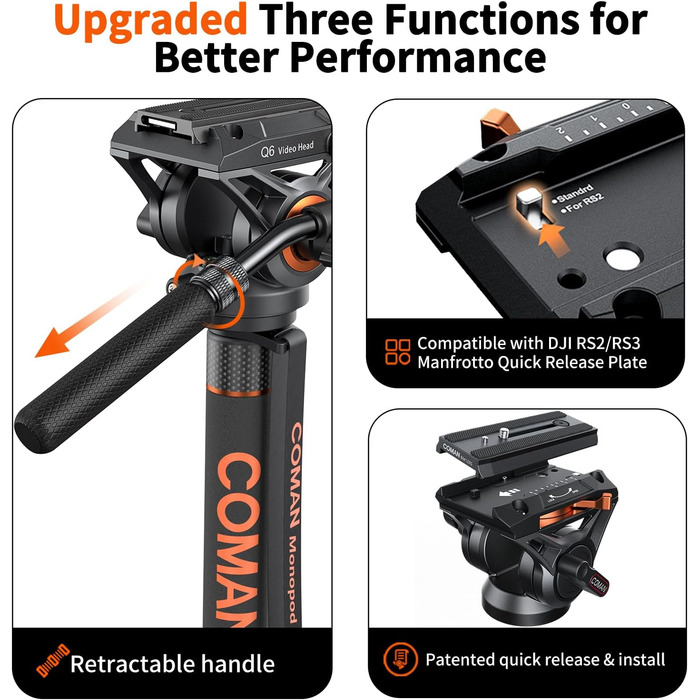 Штатив Coman Q6 для відеокамери та DSLR: міцна монопод з регулюванням 179.3 см, максимальне навантаження 10 кг, чорний