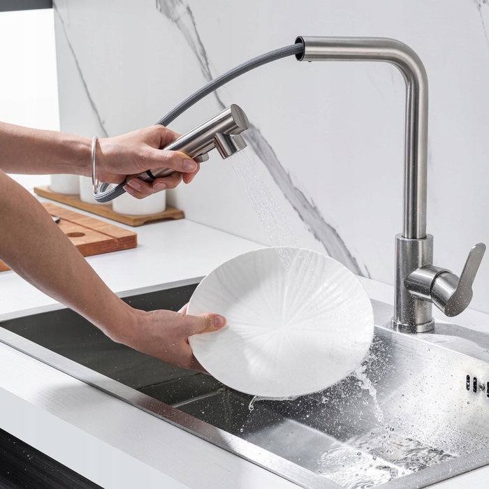 Змішувач для кухні Melanstar 6103 стійкий з висувним виливом, Inox