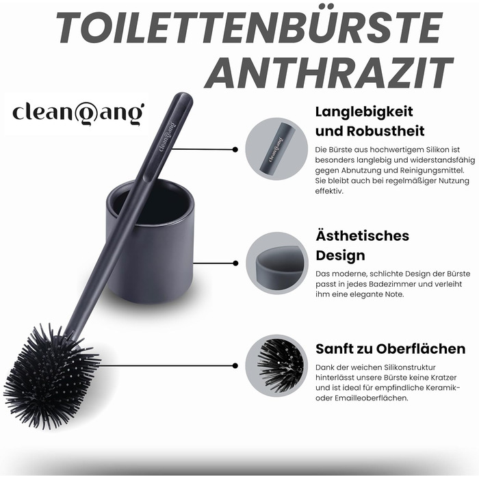 Щітка для унітазу Cleangang® з тримачем, силіконова, комплект - унітазна щітка, антрацит