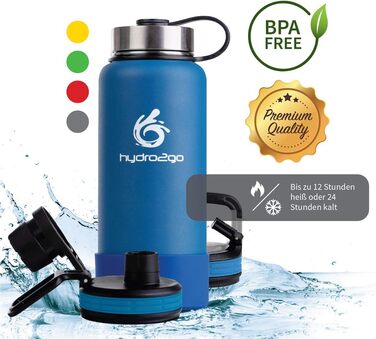 Термос-фляга Hydro2Go Edelstahl X-AlpsBottle 1000 мл, блакитний (Sky Blue 2.0) – вакуумна, з 3 кришками, не протікає