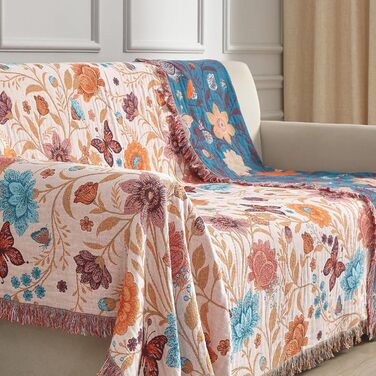 Богемна ковдра Boho з 100% бавовни, м'яка двостороння муслінова ковдра 150x200 см, плед для дивану та ліжка, декоративна patchwork ковдра, літня ковдра для вітальні, зелено-бежева (200 x 230 см, Blumentanz)