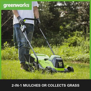 Акумуляторна газонокосарка Greenworks 24V, безщітковий двигун, 33 см, для газонів до 140 м², 30-літровий травозбірник, комплект з акумулятором і зарядним, 3 роки гарантії