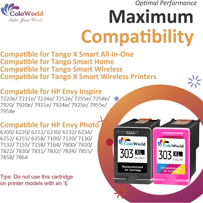 Картриджі ColoWorld 303XL для принтерів HP Envy Inspire 7200e 7220e 7900e 7920e, Envy Photo 6200 6230 7800, Tango X Smart, Multipack (2 шт.)