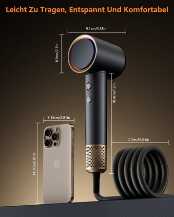 Іонський фен Föhn 200 мільйонів іонів, швидкий сушар для волосся 110 000 об/хв, компактний фен для подорожей, дому, салону. 3 температурні режими та 2 швидкості, концентрат. Сірий колір