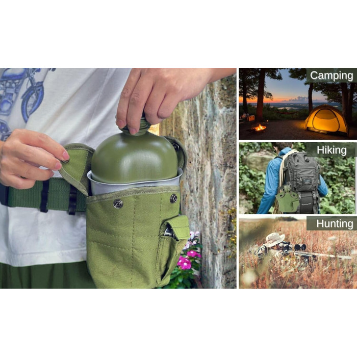 Military Mess Kit, Aluminum Cup Set with Lid and Folding Stainless Steel Spoon/Fork for Hiking Camping, 1 Quart Green