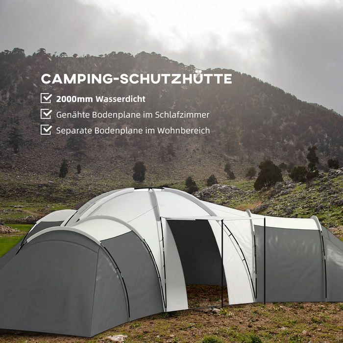 Намет Outsunny Tunnelzelt Campingzelt для 6-9 осіб з 3 спальнями, вітальнею та верандою, водовідштовхування 2000 мм, сірий