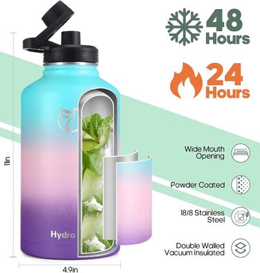 Термофляга HydroPal 1.2л (1200мл) з нержавіючої сталі, BPA-free, 24г холод/12г тепло, герметична, спортивна пляшка з соломинкою та 2 кришками для кемпінгу та подорожей (Блакитна)