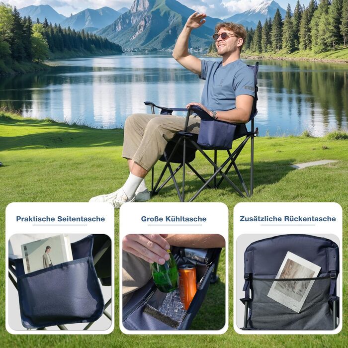 Крісло для кемпінгу складне RELAX FIELD 200KG з підстаканником та сумкою-холодильником, блакитне, 2 шт.