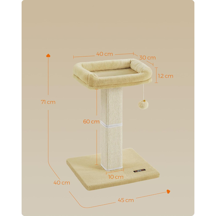 Feandrea Cat Tree, Cat Tower with 40 x 30 cm Plush Platform, Scratching Post, Cat Scratching Tree, 71 cm High, Sisal-Wrapped Scratching Post, 45 x 40 cm Base, with Plush Ball, PCA022W01 (Beige)