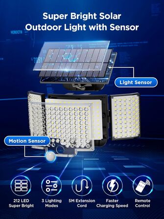 Сонячні вуличні LED лампи з датчиком руху, 212 LED, 3 режими, IP65, водонепроникні, настінні прожектори для саду (2 шт, холодне біле світло)