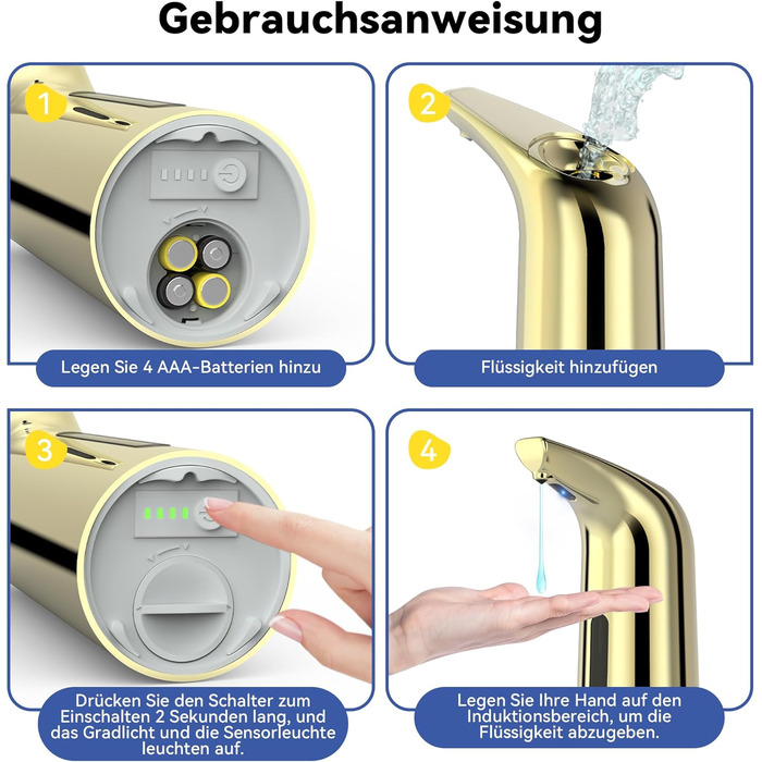 Автоматичний безконтактний диспенсер для мила з 4 рівнями регулювання, 400 мл, електричний, на батарейках, для встановлення на стільницю, з інфрачервоним сенсором (Бронзовий) (400мл Золотий)