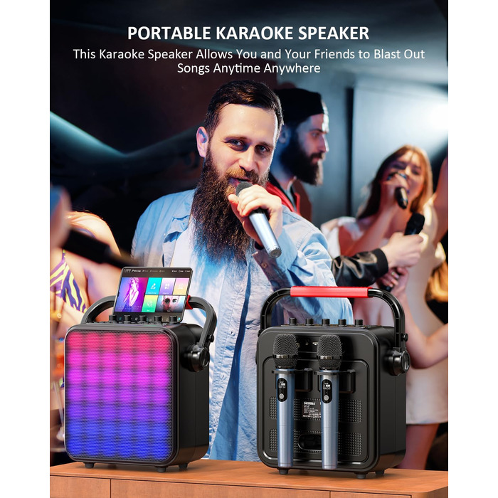 Караоке Машина з 2 мікрофонами, Bluetooth, PA Система з FM, USB, TF, AUX, Ехо, Регулювання Bass/Treble, Чорний