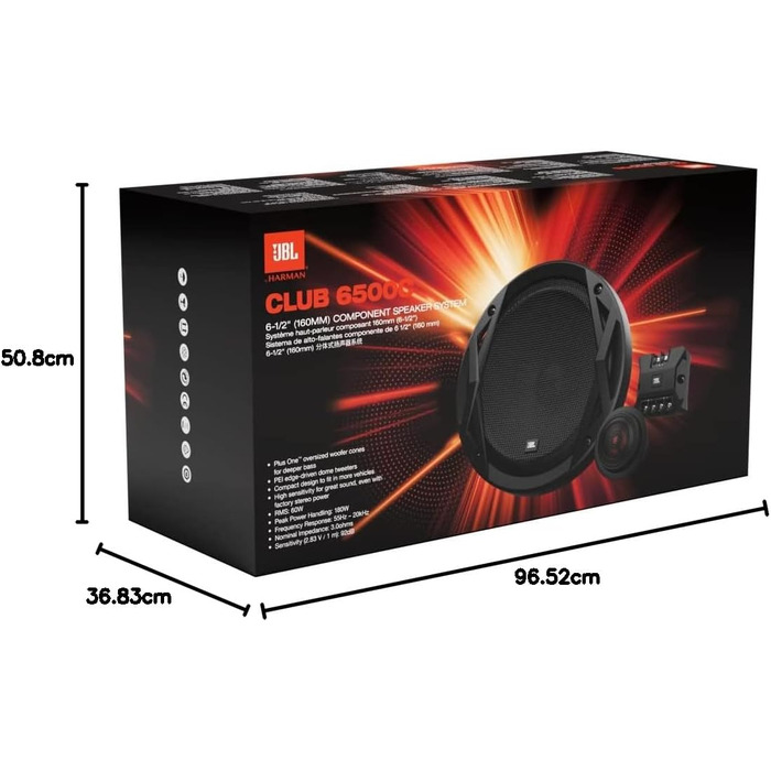 Автомобільна акустика JBL Club 6500C, 180 Вт, 2-смугові компонентні динаміки 16 см, шовкові твітери, кросовери, чорні
