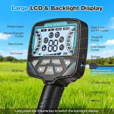 Металодетектор Profi з 5 режимами, для дорослих та дітей, водонепроникний IP68, LCD дисплей, чутливий, діаметр 26 см