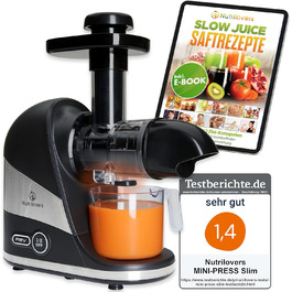 Соковитискач Nutrilovers Slow Juicer для овочів і фруктів, німецький бренд, компактний дизайн, нержавіюча сталь, BPA-free, легке очищення, рецепти, Nutri-App, чорний