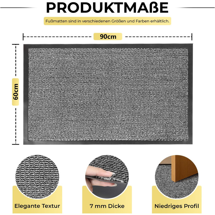 Килимок BLADO для дому та вулиці, миючий, антиковзкий, сірий 60x90 см