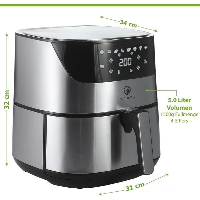 Аерофритюрниця NUTRI-FRYER XXL з нержавіючої сталі, 2000 Вт, 5 л, німецька марка, без масла, тестована, набір для приготування картоплі фрі