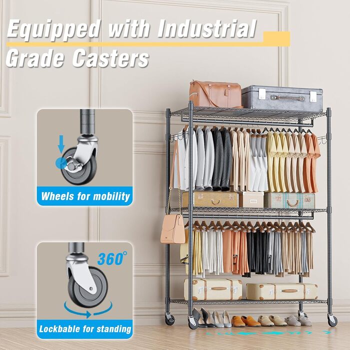 Double Clothes Rack/Garment Rod with Adjustable Shelves, Heavy-Duty Clothes Rack with 2 Hooks, Clothes Rack with Wheels, 90 * 42 * 205cm, White (Gray, 90*42*205cm)