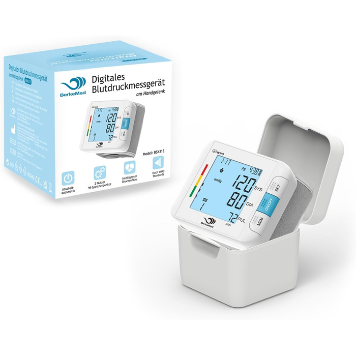 Тонометр на зап'ясті автоматичний, 2 x 99 комірок пам'яті, великий LED дисплей з визначенням аритмії, точне вимірювання, контроль положення манжети (білий)