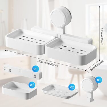 Миска для мила з двошаровою конструкцією та присоском, милотримач на стіну без свердління, милотримач для душу з піддоном, білий, 2 яруси