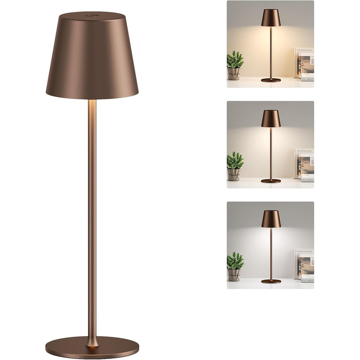 Акумуляторна LED настільна лампа бездротова з USB-C зарядкою, регульована яскравість, 3 режими світла, коричнева. Для дому, офісу, кемпінгу.