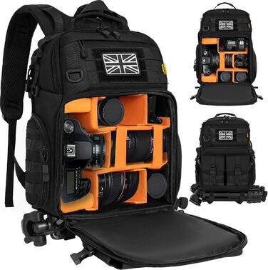 Чорний рюкзак для камери з відділенням для ноутбука 15,6 дюймів, водонепроникний, сумісний з Canon, Nikon, DJI | Знімний вкладиш, підтримка штатива