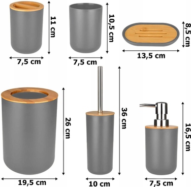 Набір аксесуарів для ванної кімнати 6в1: кошик, мильниця, тримач для паперу, сірий
