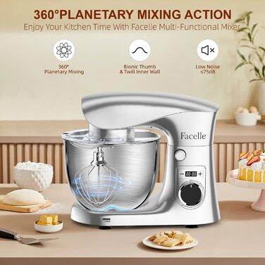 Кухонна машина-міксер Facelle 1500W з 5.5/4.5л чашею, 10+ програм, тиха робота, набір насадок (крюк, вінчик, віночок, захист від бризок)