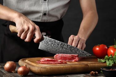 HEZHEN Професійний ніж кухарський 21 см Дамаск, VG10, серія Gyuto Master, кухонний ніж з ручкою з берези для дому та ресторану