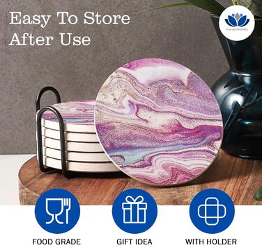Guruji Divinity Absorbent Ceramic Stone Coasters, Set of 6, with Cork Bottom, Fun Drink Coasters with Holder for Cold Drinks, Wine Glasses and Cups, Table Protection, 4 inches (purple)