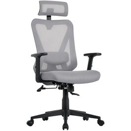 Крісло офісне Yaheetech ергономічне з регульованою підголівником, підлокітниками та поперековою підтримкою, поворотне, з можливістю нахилу 90°-130°, регульоване по висоті (світло-сірий)