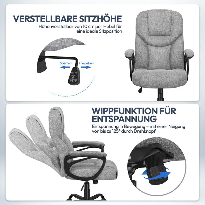 Офісне крісло Yaheetech для офісу та дому: ергономічний, з високою спинкою, регульований, комфортний, з м'яким наповнювачем, функція гойдання (сірий, поліестер)