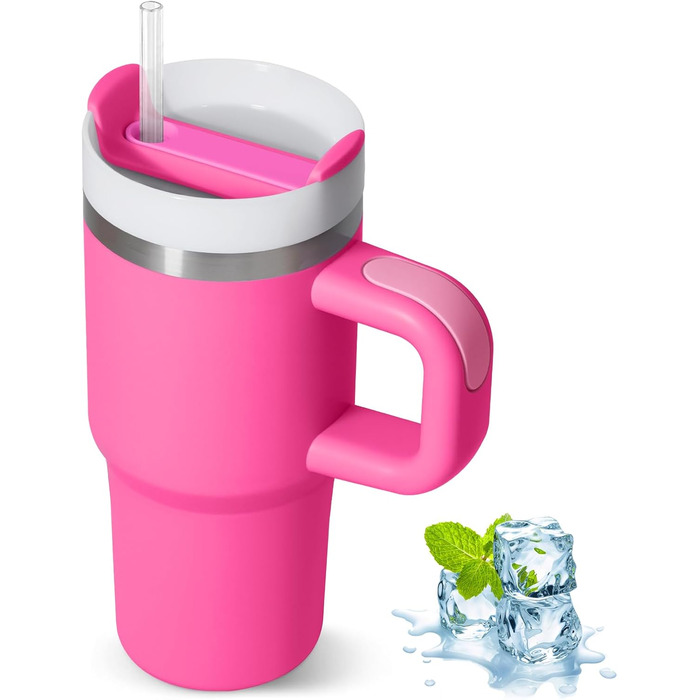 Термокружка ZAKVOP 410мл з трубочкою, кришкою та ручкою, рожева | Термокружка для кави та напоїв на виніс