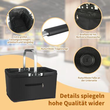 Складаний кошик для покупок 25L з міцними ручками та кишенею на блискавці, чорний