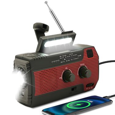 Радіо на сонячній енергії Notfall-Solar Radio з ручним курантом, LED-ліхтарик, SOS-сигнал, AM/FM, акумулятор 4000mAh, зарядка смартфона (червоний)