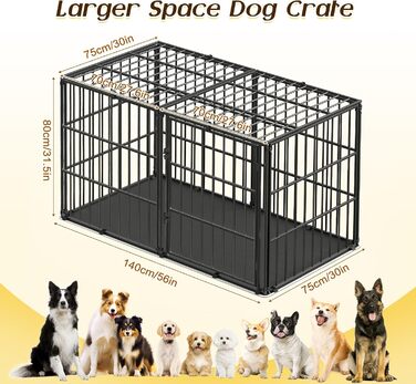 Міцний собачий переносний клітка Pawaboo 56 дюймів: надійний, анти-гризун, з килимком, металевий вольєр для собак з замком, чорний