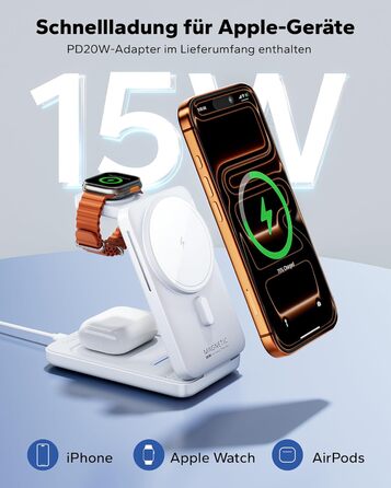 Зарядна станція 3-в-1 KPON для Apple Watch та iPhone з MagSafe, 20W, біла - Швидка зарядка для iPhone 17-12, Apple Watch 11-2, AirPods, портативна для подорожей та офісу