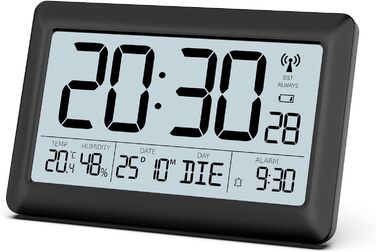 LATEC Wall Clock Digital, Digital Wall Clock with Temperature and Humidity Display, Radio Clock Digital with Backlight, Date, Day of the Week, Large, 20 x 13 x 1.2 cm (with batteries)