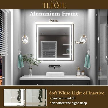 Дзеркало для ванної кімнати TETOTE з підсвічуванням 50x70 см, без рами, LED, сенсорне керування, 3 кольори, регулювання яскравості, функція пам'яті