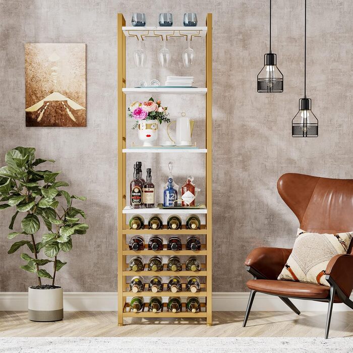 Tribesigns 20 Bottle Wine Baker's Rack, Freestanding Floor Wine Rack, 9 Tiers, Industrial Freestanding Wine Rack Wine Bar with Glass Holder Bottle Rack for Bar, Kitchen, Dining Room, (Gold, 2 PC)