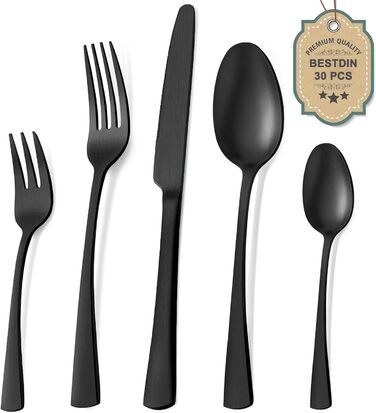 Bestdin Cutlery Set, 6 Persons, 30-Piece Stainless Steel Cutlery Set, Matte Black, Dining Cutlery Set with Knife, Fork, and Spoon, High-Quality Stainless Steel, Dishwasher Safe.