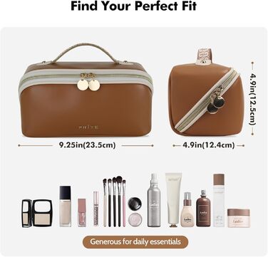 Косметичка велика містка для подорожей, водонепроникна з PU-шкіри, з прозорими роздільниками та ручкою (M, темно-коричнева)